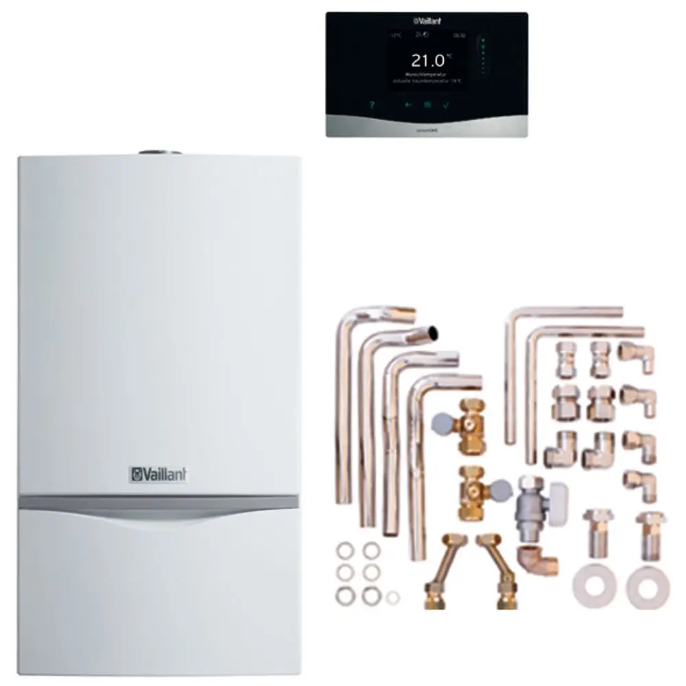 Vaillant Heizgerät in weiß mit Zubehörteilen, inklusive Rohren, Armaturen und einem digitalen Thermostat. Komponenten angeordnet auf hellem Hintergrund.